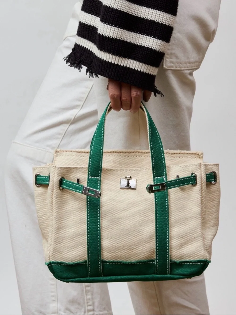 Boatkin Large Canvas Tote Bag with Green Trim- Sunwin